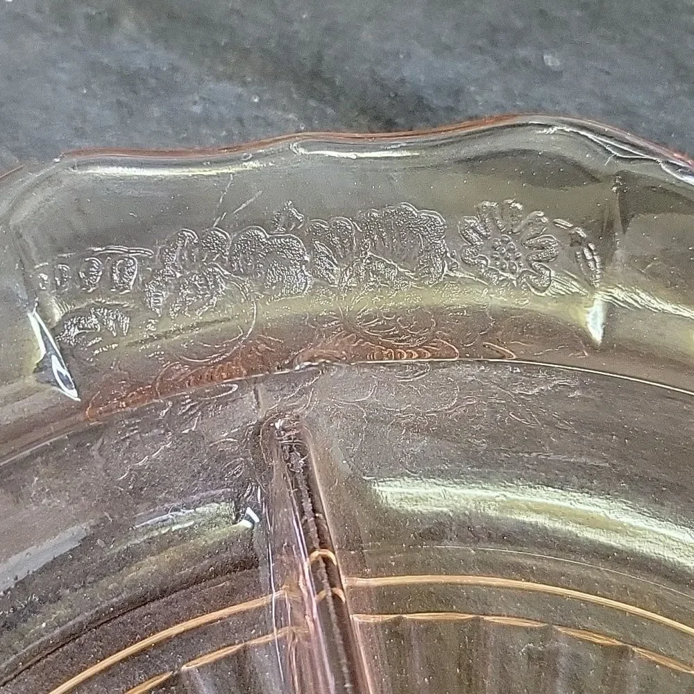 Mayfair Open‎ Rose Pink Depression Glass Divided Bowl 2-Handled 10”
